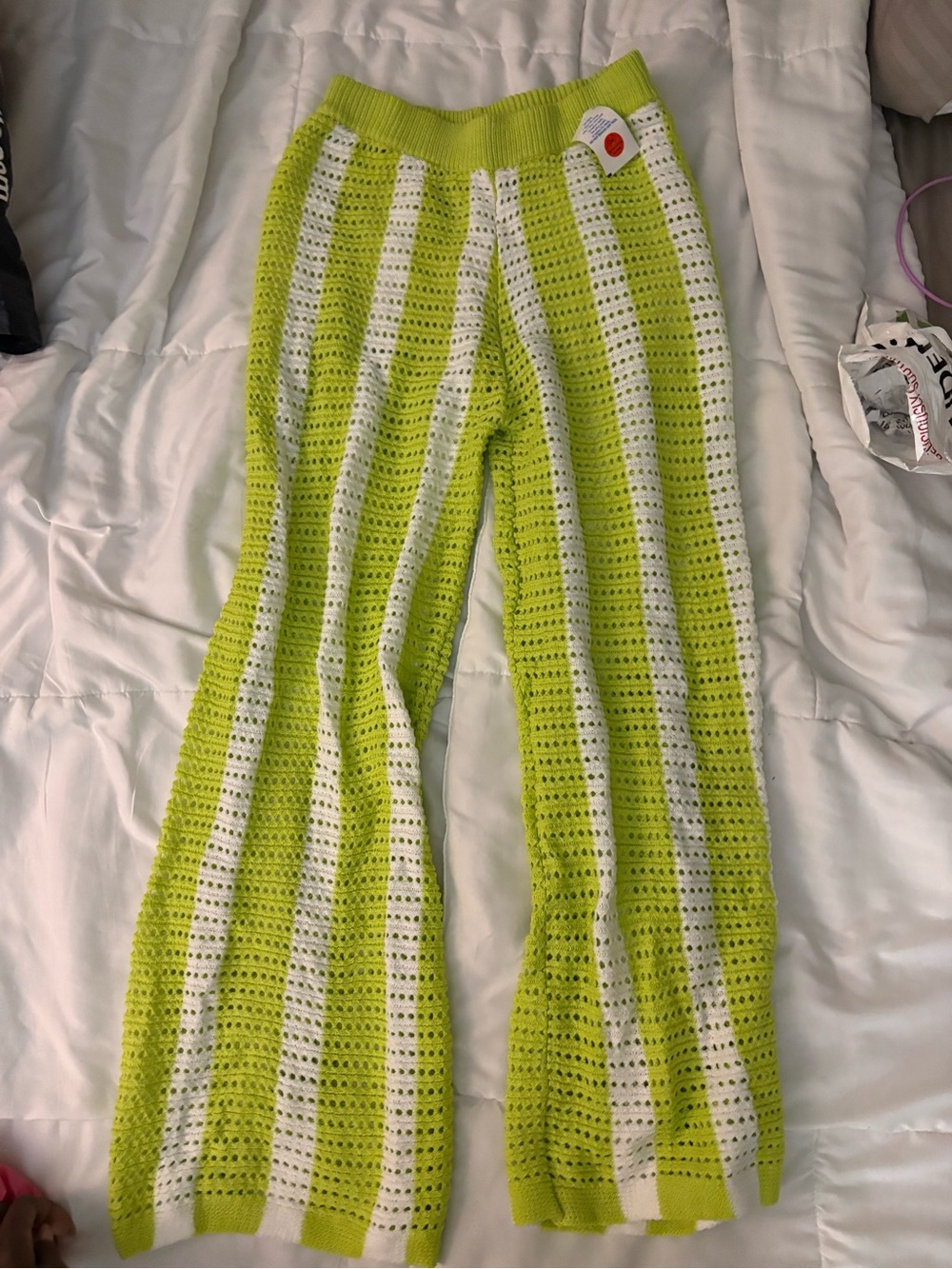 Lime Green & White Open-Knit Striped Sweater